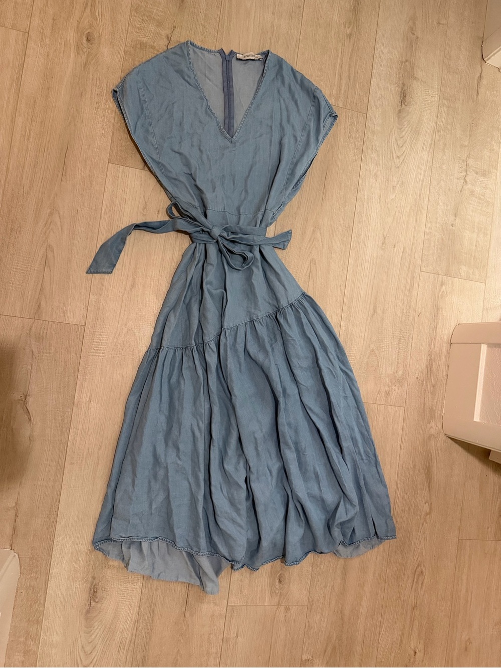 Zara Blue V-Neck Tiered Cotton Dress with Waist Tie